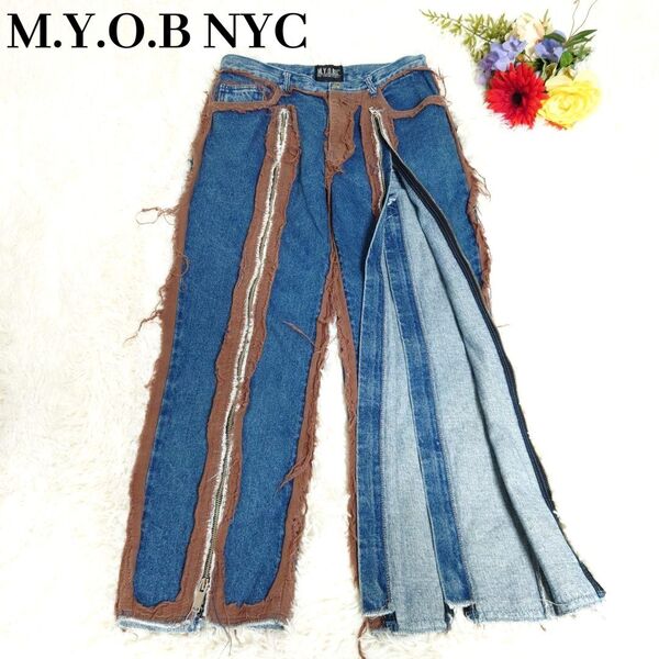 【価格の相談OK!!】■413 希少 M.Y.O.B NYC デニム ダメージ加工 ジップ ジーンズ ファスナー フリーサイズ