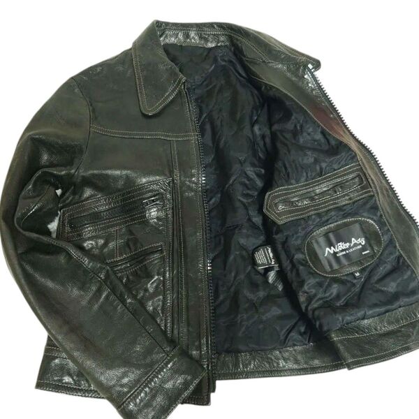 【価格の相談OK!!】■921 Vintage レザージャケット 短丈 ヤギ革 レザー カーキ M