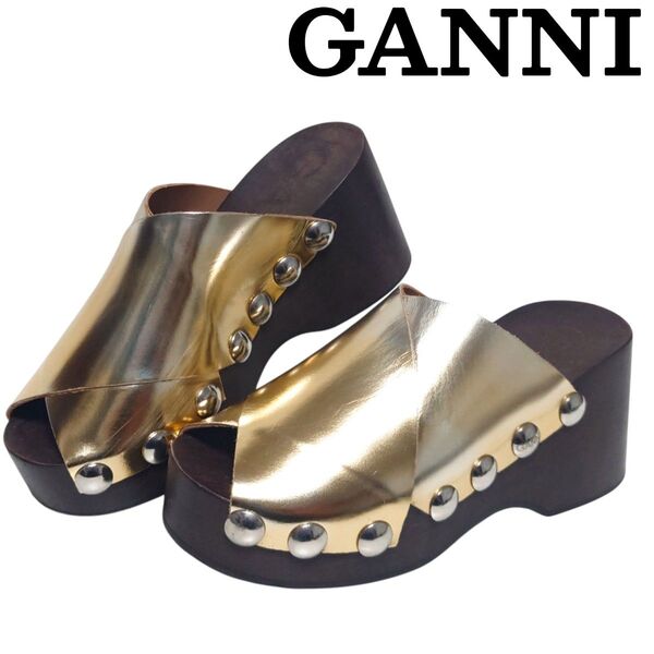 【即日発送/送料無料/価格の相談OK!!】 GANNI ガニー サンダル 厚底 ゴールド ウッドソール スタッズ 36