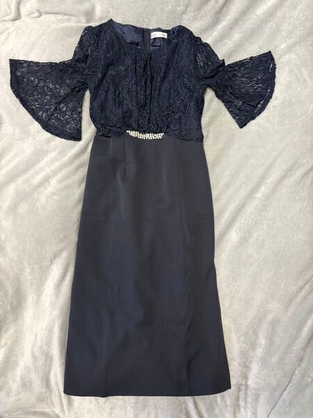 24時間セール LACE LADIES ワンピース パール レースドレス 紺色 L