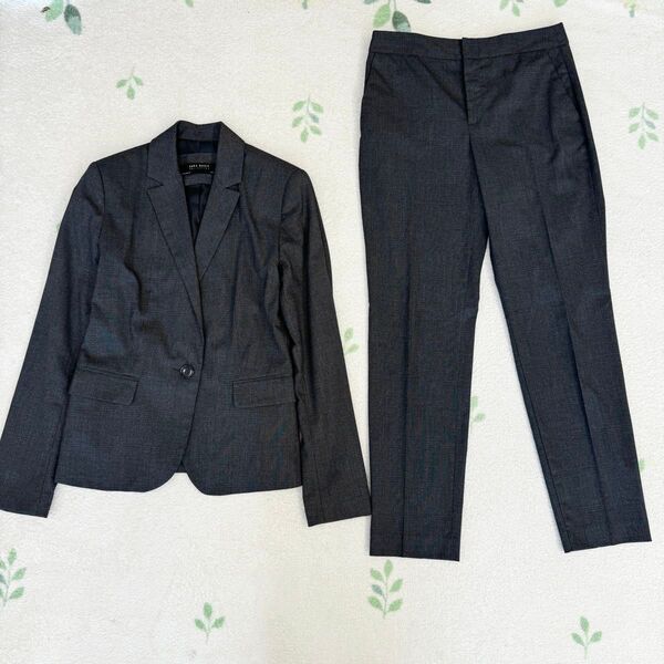 美品 ZARA パンツ スーツ セットアップ チェック 34 グレー ザラ S ジャケット ストレッチ 美シルエット M 2