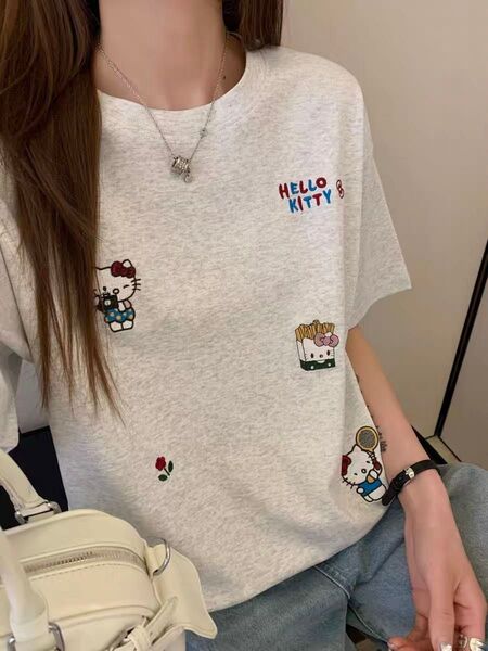 ハローキティ 刺繍Tシャツ グレー レディース