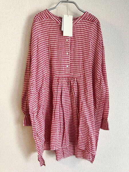 ネストローブ nest Robe リネンガーゼギンガムチュニック ブラウス 長袖 春夏 ピンク トップス