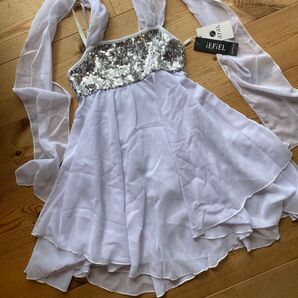 子どもジュニア用 バレエレオタード スパンコール Lサイズ/8才☆ホワイト ダンス衣装 ドレス 白 ホワイト コスプレ