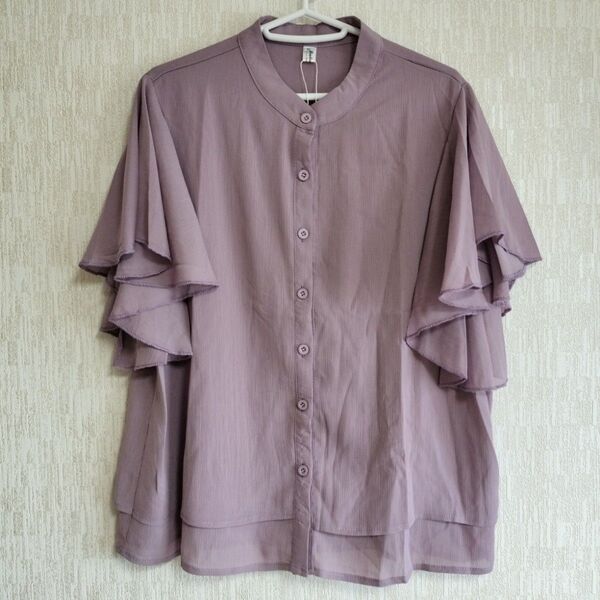 XLサイズ LACE LADIES バンドカラーフレア袖半袖シャツ ブラウス