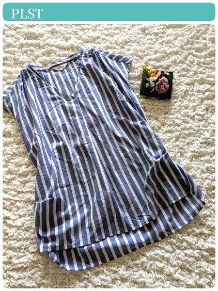 美品【PLST】プラステ ストライプ スキッパー ノースリーブ ブラウス S