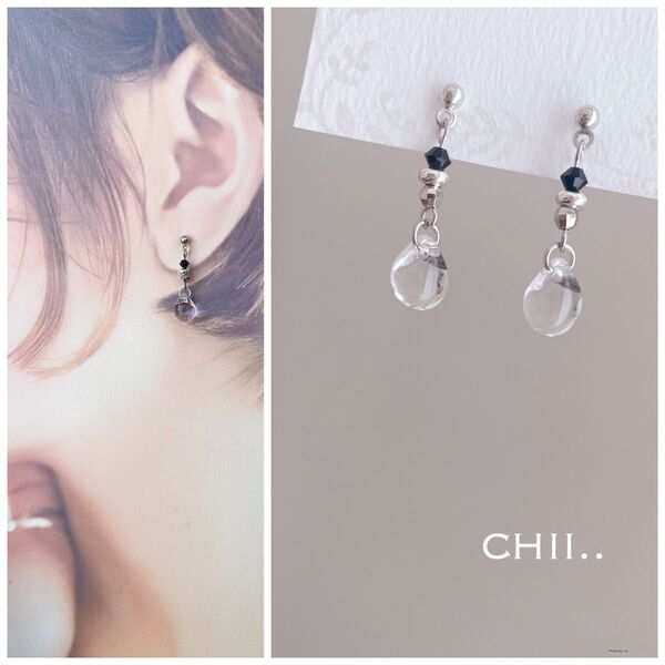 No.623 しずくピアス ドロップピアス 水滴ピアス クリア シルバー ハンドメイド