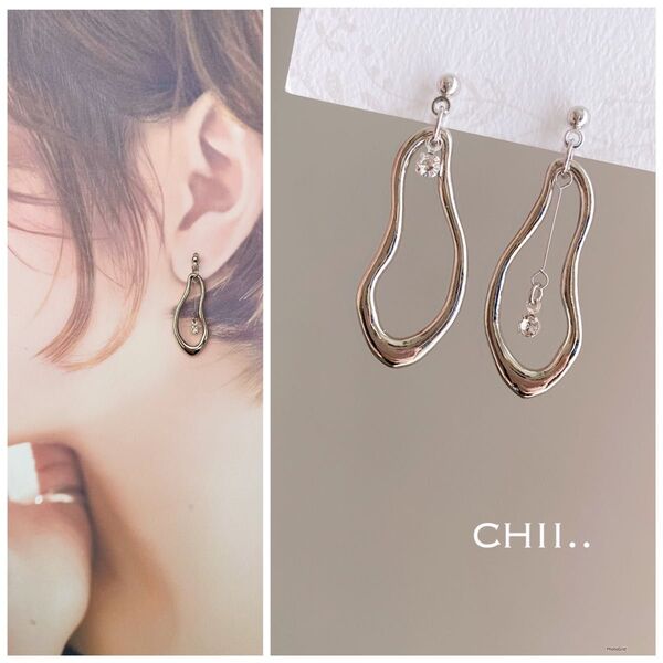 No.632 リングピアス オーバルピアス メタル アシンメトリー シルバー ハンドメイド