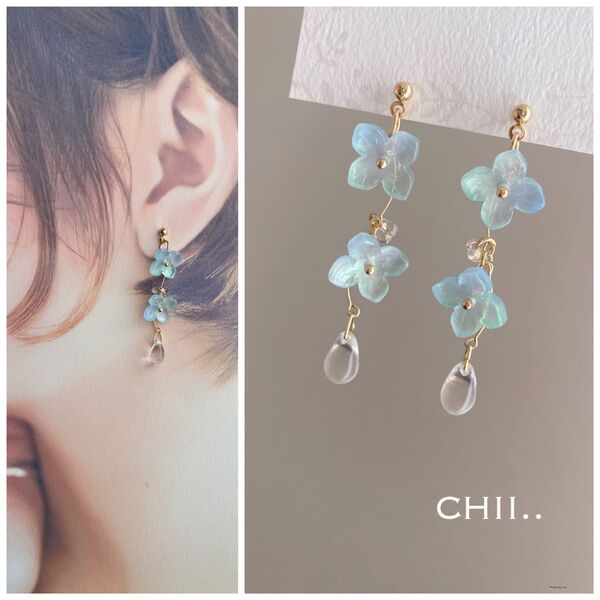 No.644 紫陽花ピアス フラワーピアス 四弁 水色 緑 雫 チェコビーズ ハンドメイド