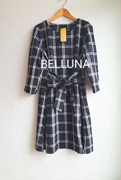 新品 BELLUNA ストレッチ素材 前リボンデザインワンピース L チェック 格子柄