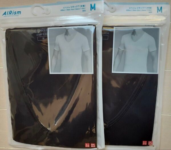 ユニクロ エアリズム M 黒 Vネック T 半袖 2枚セット