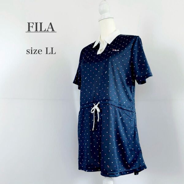 FILA フィラ LL XL ワンピース 大きいサイズ テニス ゴルフ 紺 半袖 スポーツウェア スカート ドット 春夏 衿つき