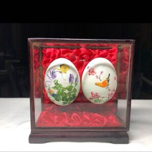 置物 卵の殻の画置物 美品 美術品 昭和時代 舊家藏出 手繪花鳥文飾