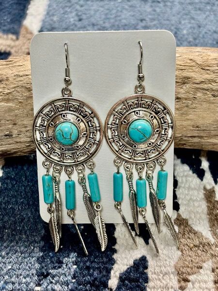 ピアス アクセサリー ハンドメイド フェザー ネイティブ ネイティブアメリカン ドリームキャッチャー ターコイズブルー