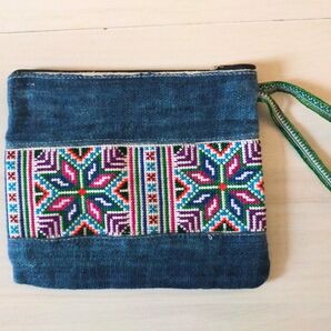 新品 モン族 手刺繍 藍染 ハンドメイド ポーチ