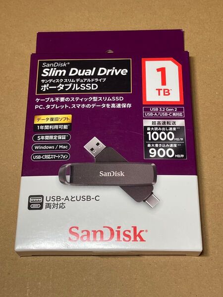 SANDISK スリム デュアル ドライブ 1TB USB Type-C Type-A USBメモリー サイズ 外付けSSD