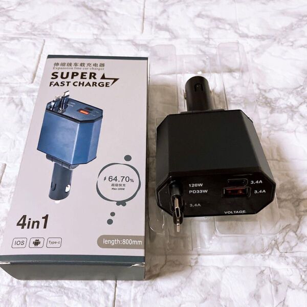シガーソケット 車 充電器 USB 巻き取り式ケーブル 4台同時充電