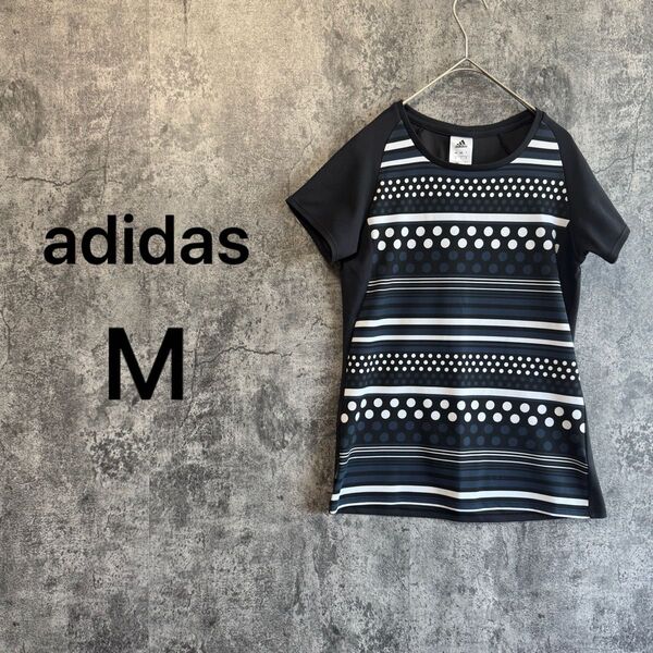 a4008【adidas】 Tシャツ 半袖 ボーダー ドット柄