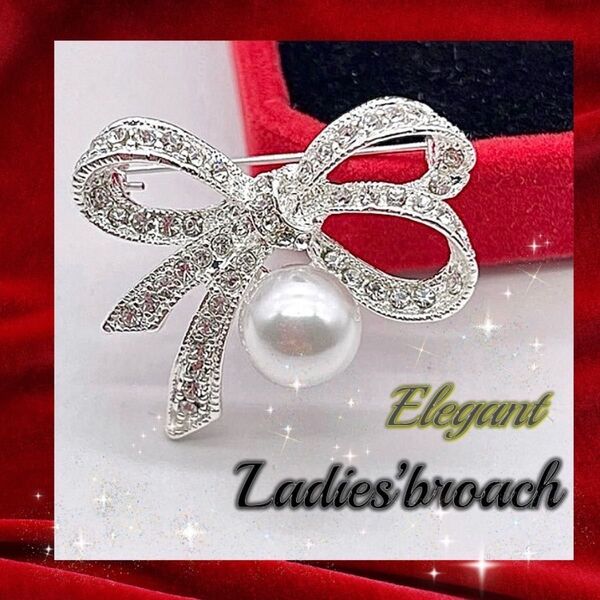 リボン ブローチ ラインストーン アクセサリー フォーマル パール 結婚式 誕生日 プレゼント 母の日 シルバー 蝶結びコサージュ