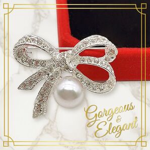 リボン ブローチ ラインストーン アクセサリー パール 結婚式 誕生日 プレゼント シルバー 可愛い おしゃれ コサージュ