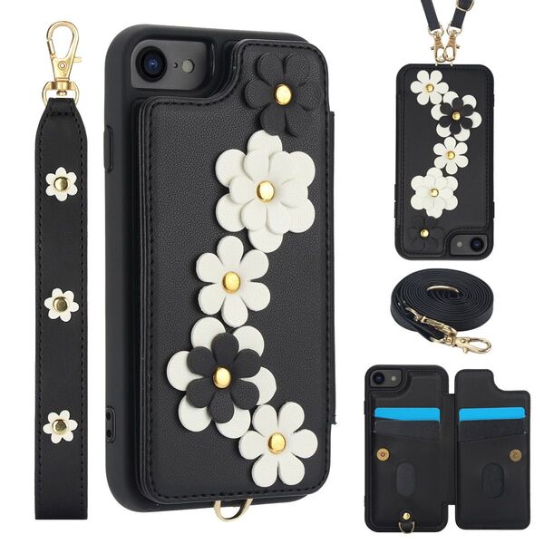 iPhone SE3 SE2 8 7 ケース カバー おしゃれ 花 上品 収納 スタンド機能 タッセル 肩紐付き ファッション 黒