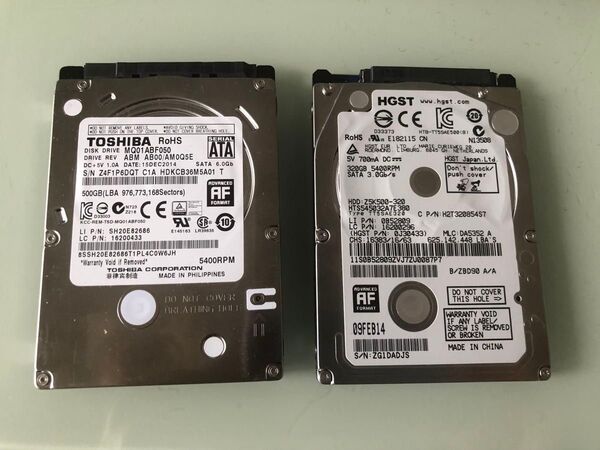 Toshiba 500GB& HGST 320GB HDDドライブ
