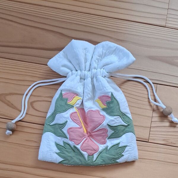 ハワイアンキルト ハンドメイド 巾着袋 ポーチ ハイビスカス柄 白 ピンク