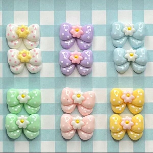 NO.122 ミニサイズ デコパーツ ドット柄お花つきリボン 同色2個1セット30円