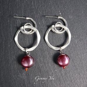 シェルパール + ペンタゴン チャーム シルバー ピアス パープル ハンドメイド