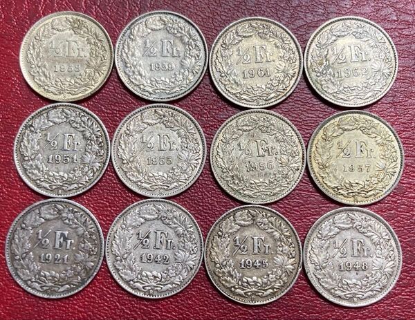 スイス 1/2フラン銀貨12枚 1921, 42, 45, 48, 51, 55, 56, 57, 58, 59, 61, 62年