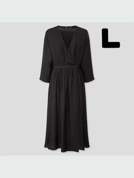 ユニクロ UNIQLO カシュクールロングワンピース ロングワンピース 8分袖 L ブラック 黒