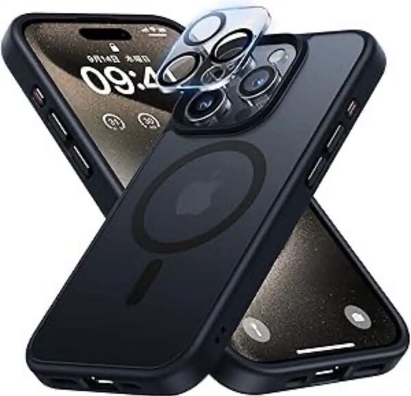 NIMASO MagSafe対応 iPhone15ProMax用【ケース+カメラフィルム】マット仕上げ 全面保護(黒羽シリーズ)
