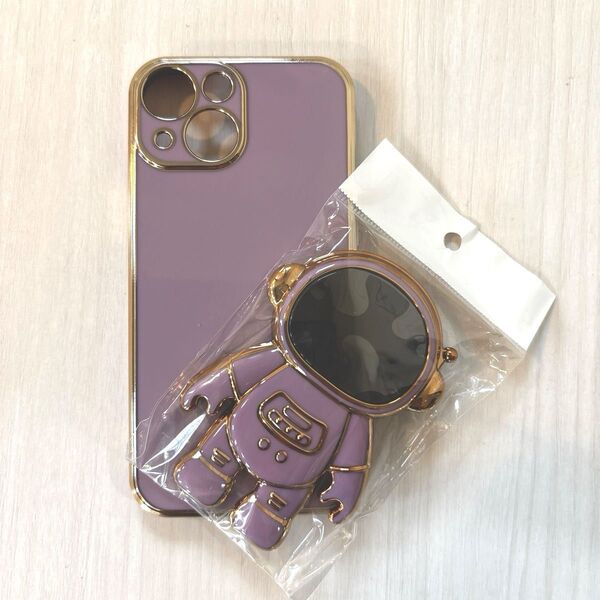 【Kunyehdo】iPhone 13 Mini ケース 可愛い お洒落くすみカラー 光沢 立体 宇宙飛行士 スタンド(パープル)