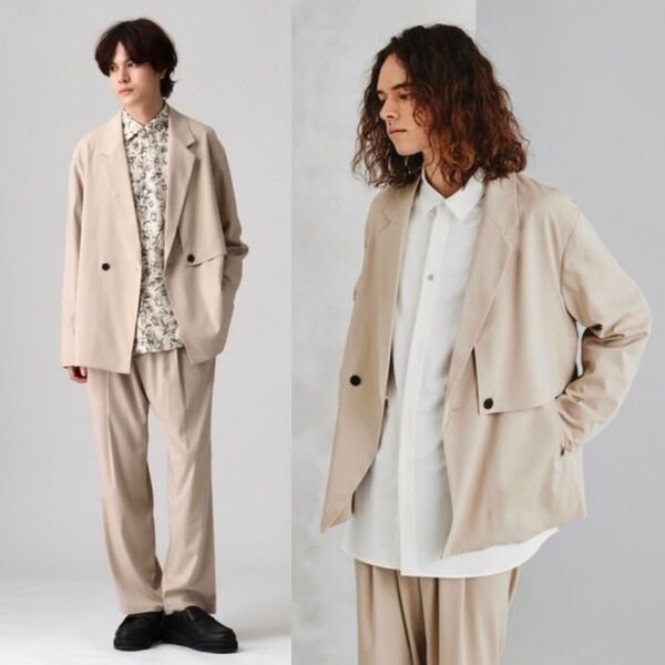 tk.TAKEO KIKUCHI ドレープクロス セットアップ M ベージュ ダブルテーラードジャケット&テーパードパンツ