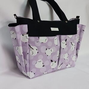 ラスト1点 9ポケトートバッグ ゆったりサイズ パープル×ブラック シマエナガ