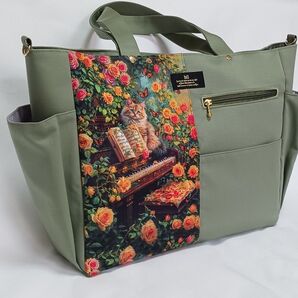 トートバッグ 特大サイズ 12ポケット 薄渋グリーン ネコ 薔薇 ピアノ