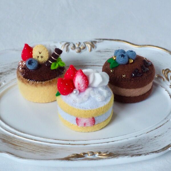 フェルトケーキ 3個セット ショートケーキ チョコケーキ プリン いちご