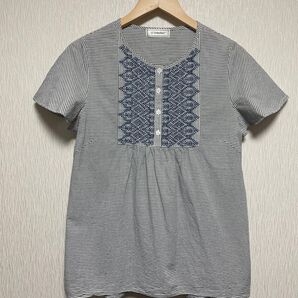 ゴールデンベア ストライプ柄ブラウス 刺繍 レディース