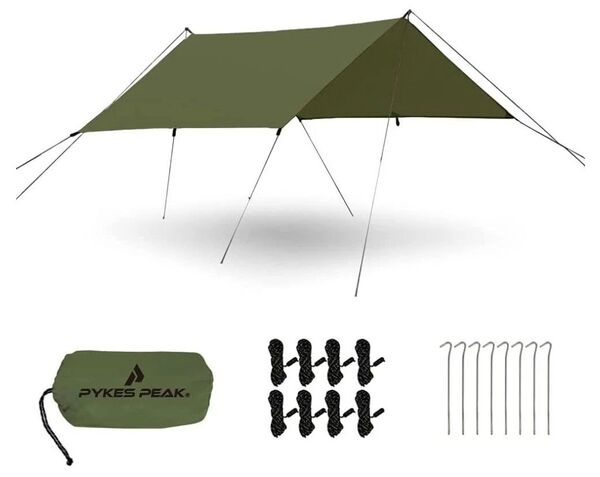 【新品・未使用】PYKES PEAK スクエアタープ+タープ用ポールのセット、収容人数5〜6人用、組立簡単 軽量