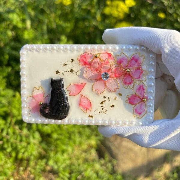 【ハンドメイド】桜と黒猫 コンパクトミラー&コーム