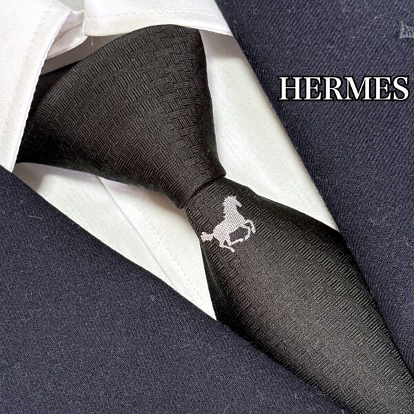 HERMES エルメス ネクタイ ワンポイント ホースロゴ 刺繍 ジャガード 黒