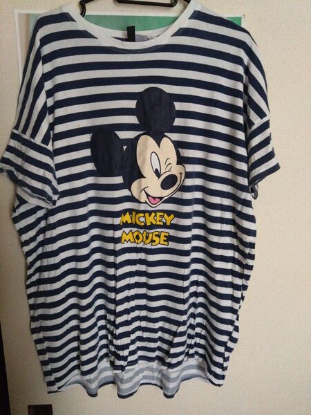 H&M ミッキーマウス ボーダーTシャツ ネイビー×ホワイト XL