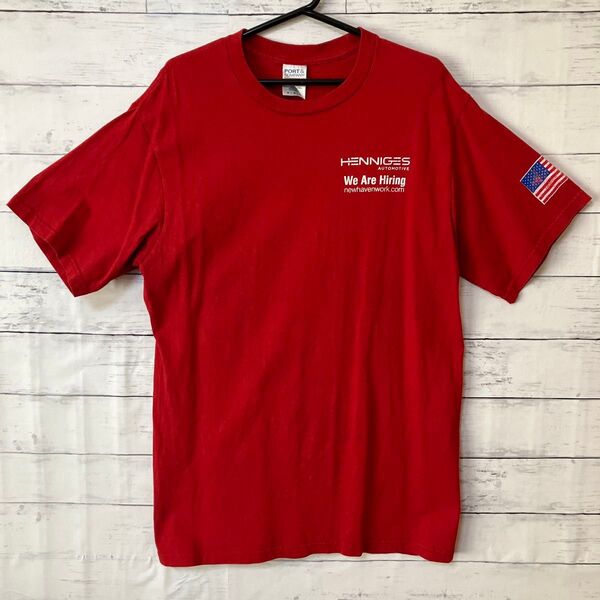 HENNIGES 企業ロゴTシャツ アメリカ国旗 レッド Lサイズ USA製 古着
