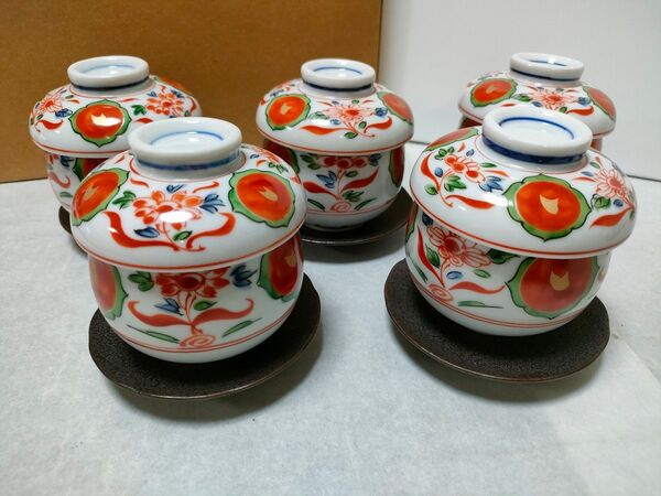 翔山窯 茶碗蒸し 受け皿付き 有田焼 赤絵 丸紋 美品 陶器 和食器 古伊万里
