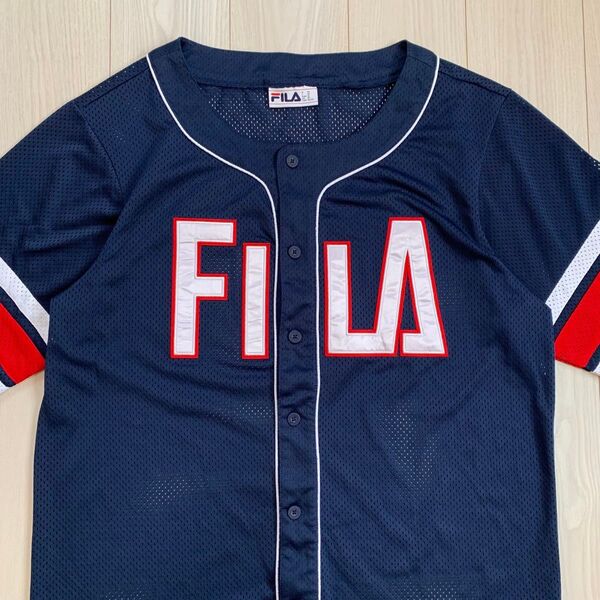 00s FILA フィラ ビッグロゴ 刺繍ロゴ ゲームシャツ ユニフォーム Tシャツ オーバーサイズ スポーツ ネイビー 古着 L