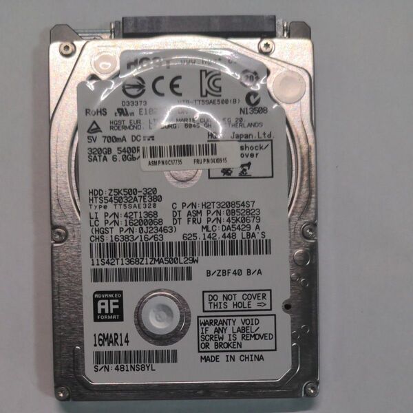 【使用時間9時間】HGST 2.5インチ 320GB HDD SATA HTS545025A7E380