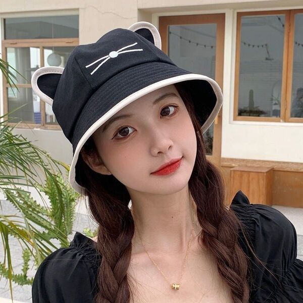 レディース 帽子 バケットハット バケハ 黒 ブラック 夏 猫 猫耳