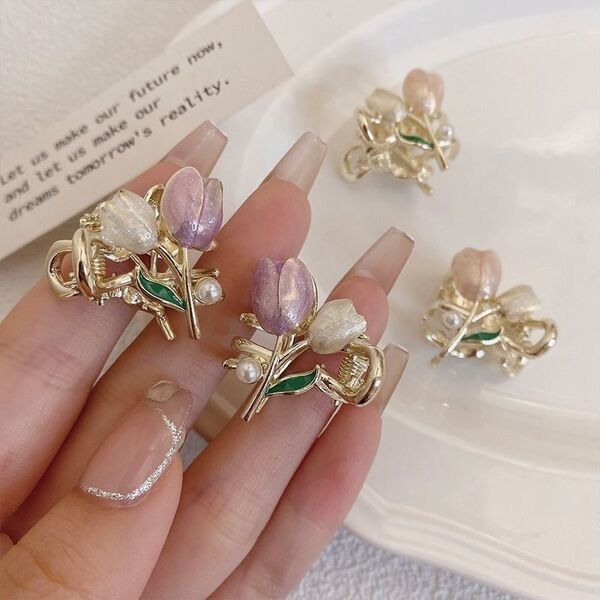 ヘアクリップ ゴールド チューリップ 花 前髪 紫 ピンク 白 レディース