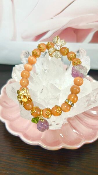 パパイヤオレンジキャッツアイ フローライトお花 アメジストお花 天然石ブレスレット 天然石 デザインブレスレット デザブレ ブレス