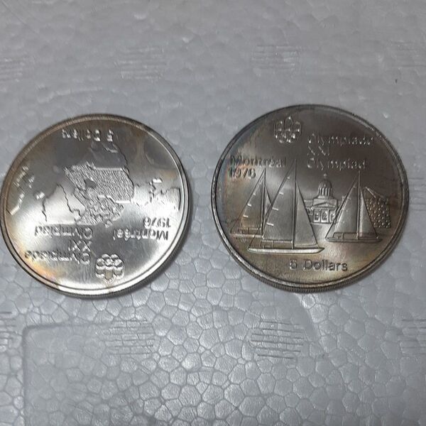 モントリオールオリンピック 記念銀貨 5ドル 北米大陸地図とヨット2枚セット SV925